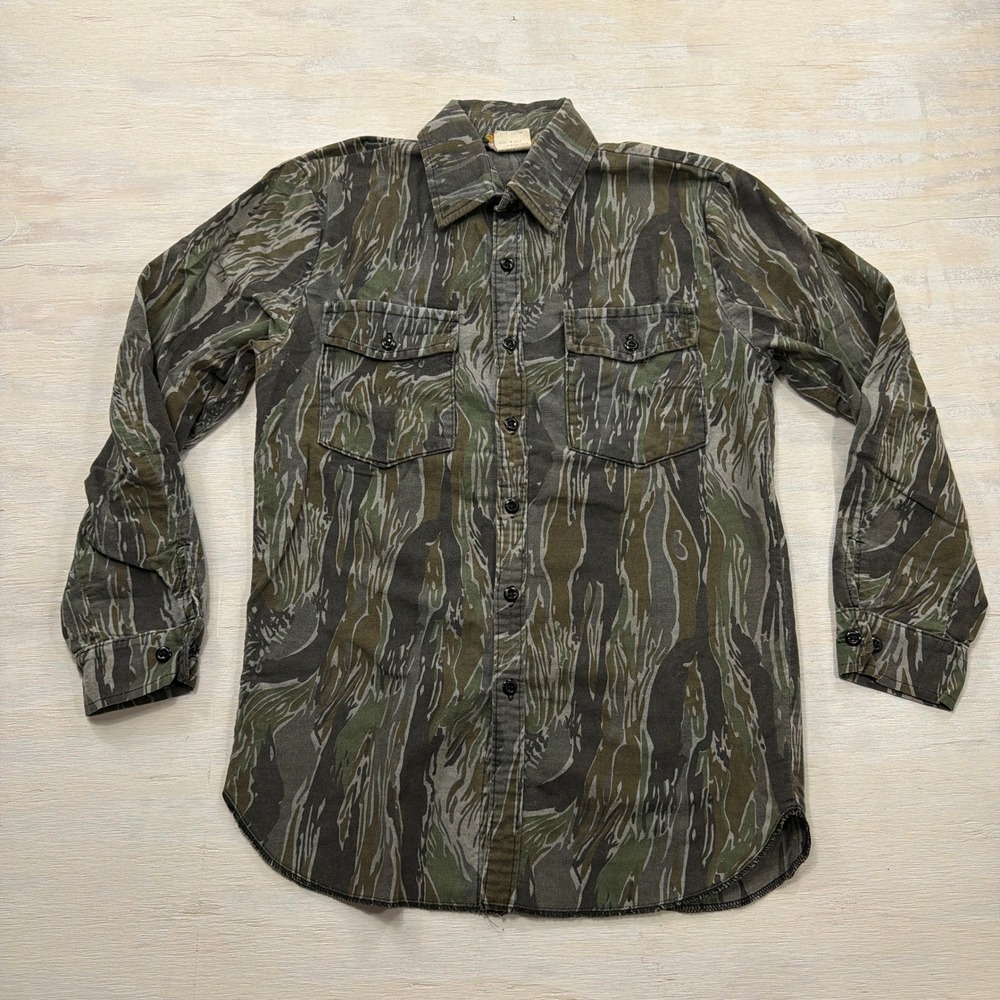 Ideal Shirt Tiger Stripe Camo M 70s Vintage Cotton Utility Button Up Green Men